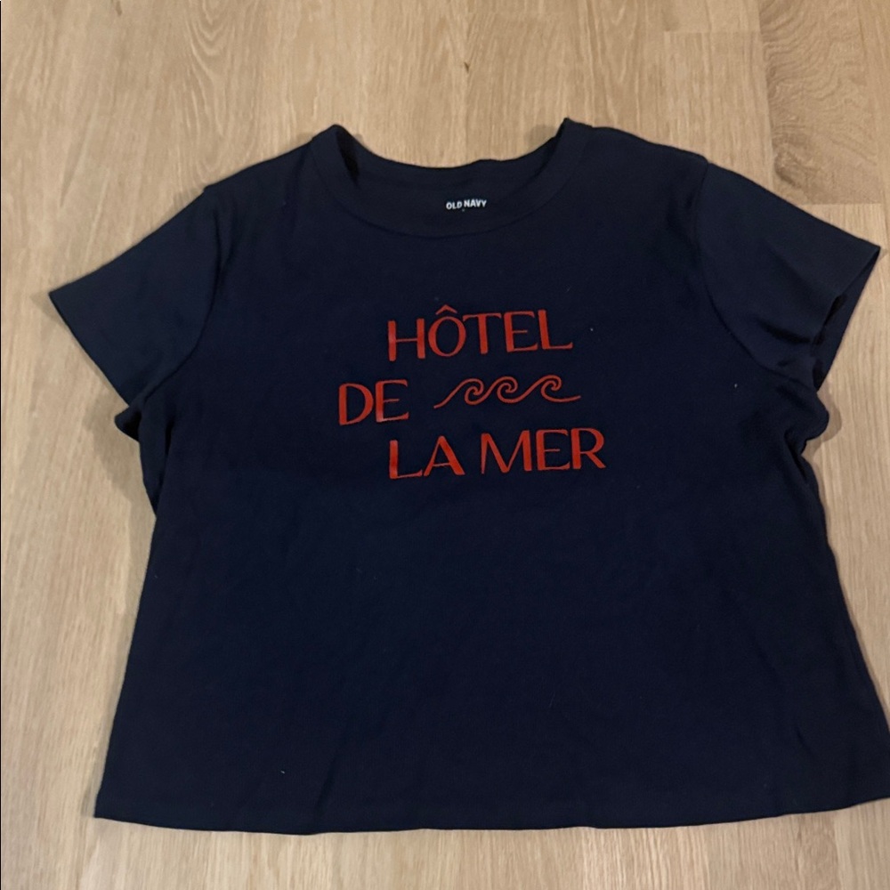 Navy Tee with Red "HรTEL DE LA MER" Graphic